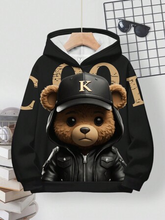 SHEIN Tween Boy Casual Loose Comfortable Cool Motorcycle Punk Bear Graphic Print Long Sleeve Hoodie Sweatshirt, Suitable For Autumn/Winter