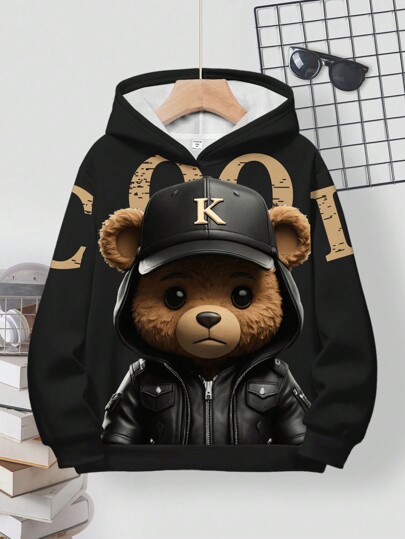 SHEIN Tween Boy Casual Loose Comfortable Cool Motorcycle Punk Bear Graphic Print Long Sleeve Hoodie Sweatshirt, Suitable For Autumn/Winter