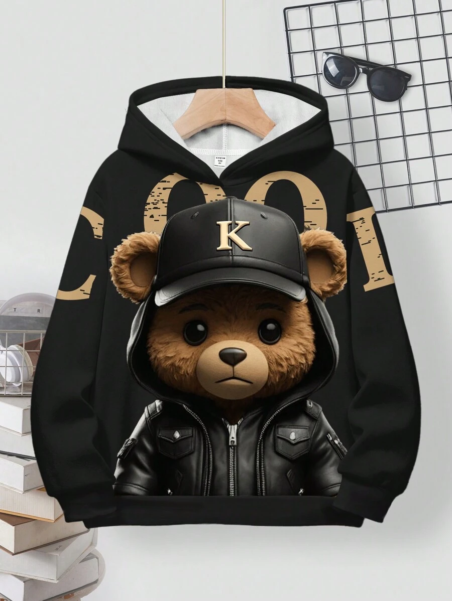 SHEIN Tween Boy Casual Loose Comfortable Cool Motorcycle Punk Bear Graphic Print Long Sleeve Sweatshirt, Suitable For Autumn/Winter - Multicolor - View 1