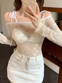 DAZY 女式白色露肩蝴蝶结系带上衣，春夏季节日透视装，露肩长袖女式上衣，秋季女装 - 白色 - 查看 6