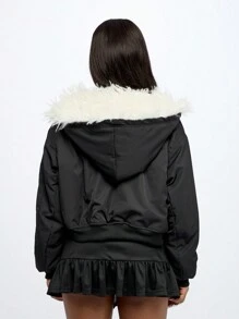 SUMWON WOMEN Winter Snow Fur Hood Bomber Flight Jacket Streetwear Padded Oversized Outerwear Warm Style Retro Y2K Crop Top Urban Aesthetic Casual