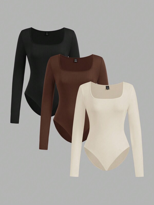 SHEIN EZwear 3pcs Women Square Neck Long Sleeve Bodysuit Set