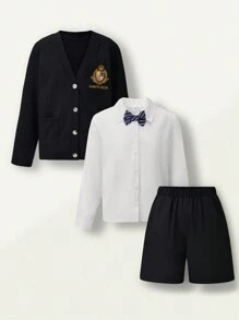 SHEIN 3-Piece Set: Boys Academy Style Collared Shirt, Academy Style Casual Shorts, Embroidered Academy Style Knit Cardigan With Necktie - Navy Blue - View 3