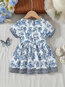 SHEIN Vestido elegante y floral retro para bebé niña - Azul - Ver 3