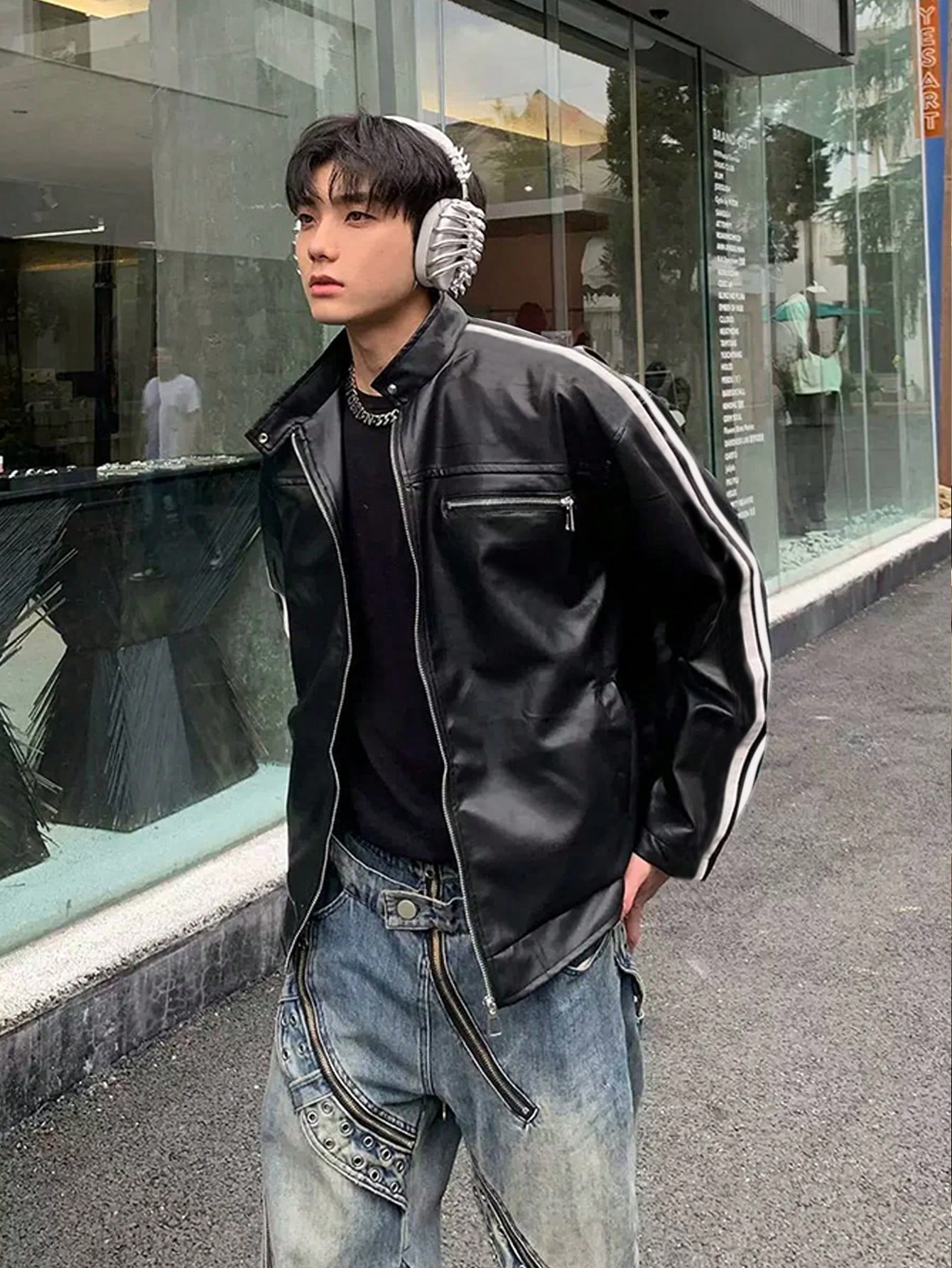 Plus Size Men Striped Print Zip-Up Casual Jacket