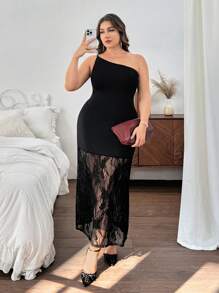 SHEIN Privé Plus Size Women's Asymmetrical Shoulder Lace Patchwork Mermaid Hem Romantic Lace Asymmetric Collar A-Line Dress, Suitable For Romantic Dates And Gatherings, Spring/Summer