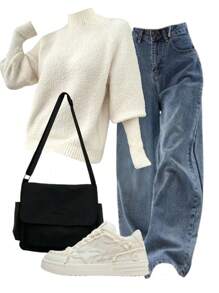 Chiquease Damen Lockererer Glockenärmel-Pullover mit Stehkragen aus Flauschstoff, Herbst/Winter