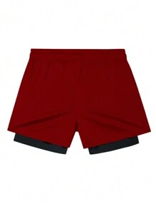 Manfinity Sport Corelite Men's Printed Drawstring Waist Layered Casual Workout Shorts Breathable Ultra Lightweight Quick Drying Pattern Design Baggy For Gym Road Running 2 In 1 Performance Shorts - Burgundy - View 2