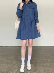 DAZY Women Plain Collar Loose Short Denim Dress, Spring & Autumn,Fall Women Clothes - Medium Wash - View 3