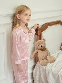 女孩可爱蝴蝶结提花面料粉色和白色蕾丝花边休闲可爱长袖上衣和裤子口袋家居服套装，秋冬 - 粉色 - 查看 2