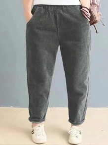 SHEIN LUNE 大码女式常规口袋锥形休闲灯芯绒裤 - 灰色 - 查看 1