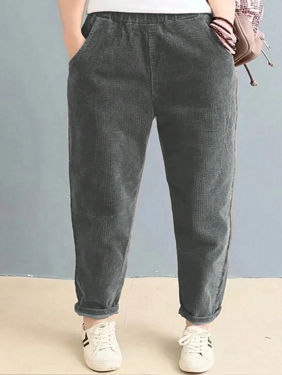 SHEIN LUNE 大码女式常规口袋锥形休闲灯芯绒裤 - 灰色 - 查看 1