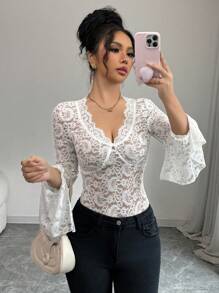 Elenzga Blusa de mujer con diseño de paisley, encaje, escote en V y mangas de campana (diseño floral de corte aleatorio) - Blanco - Ver 5