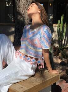 DAZY Blusa de mujer con bloques de color degradado y detalles de flecos, top corto para mujer