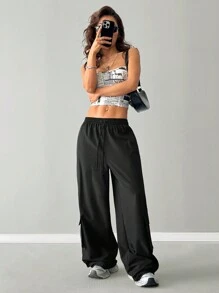 SHEIN EZwear Women's Cargo Athleisure Streetwear Basic Corta Vento Comfortable Elastic Waistband Black Straight Leg Hiking Pants - Black - View 1