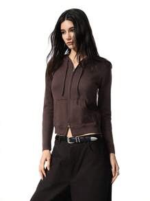 LYSMO Women Solid Color Long Sleeve Zip Front Hoodie Cardigan, For Ramadan