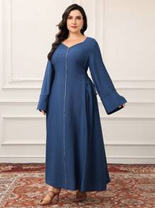 Al Najma Plus Size Women Casual Crossed Binding Waist Arabic Style Dress, Plus Size Modest Full Length Dresses