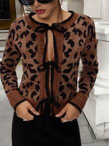 Forever 21 女士休闲豹纹提花系带开衫，秋冬 - 彩色 - 查看 3