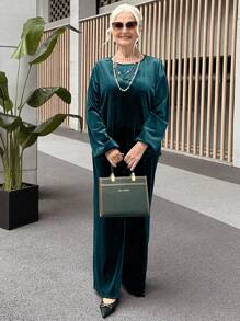 SHEIN LUNE 2pcs Women's Elegant Solid Color Long Sleeve Blouse And Pants Set Two Pieces Set Women - Dark Green - View 6