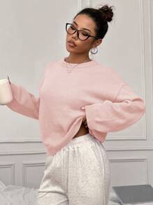 Flirla Women's Plain Crew Neck Long Sleeve Casual Pullover Sweater Knit Pullover Fall Winter Sweater - Baby Pink - View 3