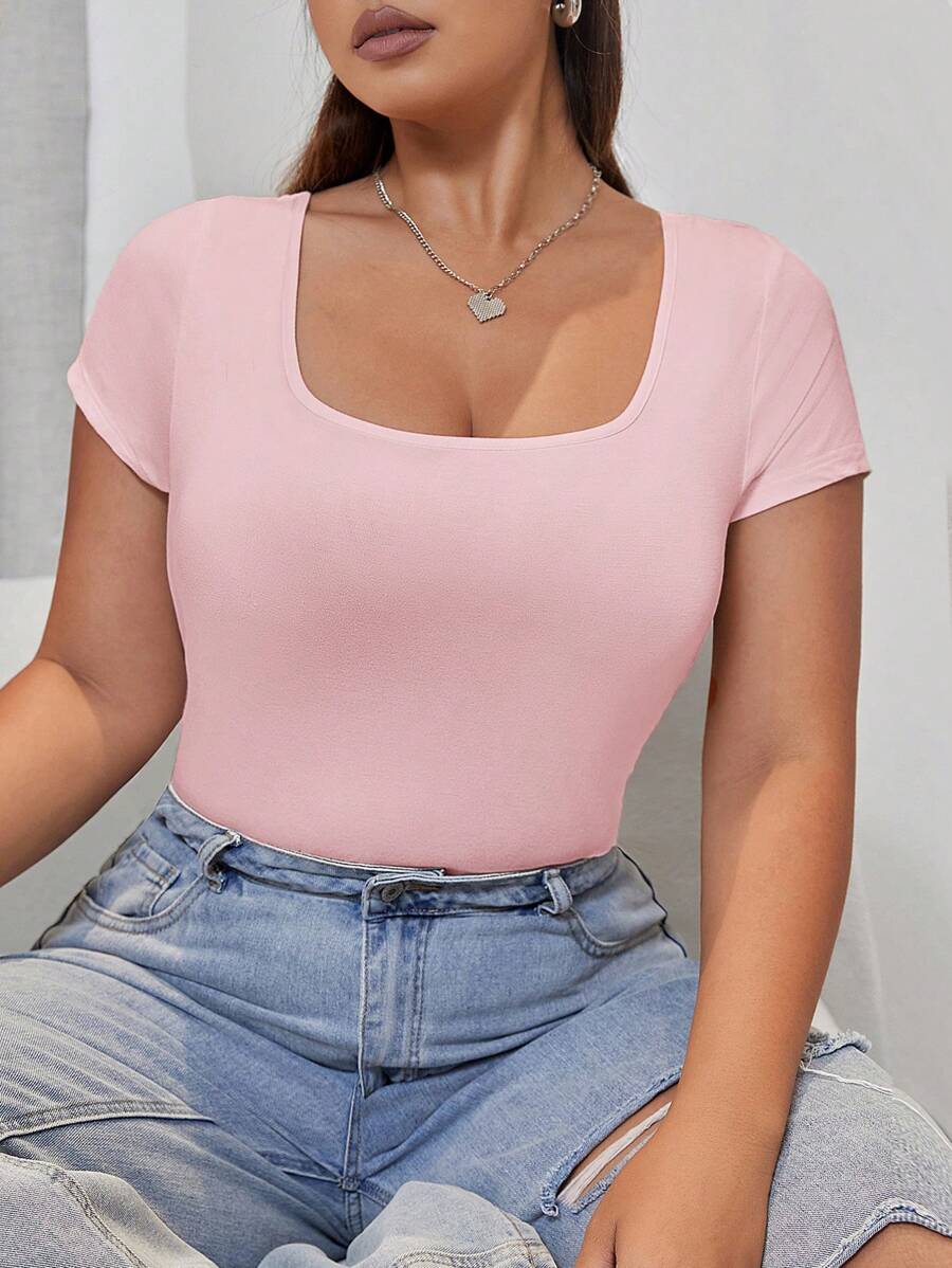 SHEIN EZwear Plus Solid Square Neck Short Sleeve Tee - Pink - View 1
