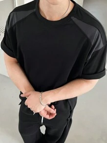 DAZY Men's Simple Color Block Patchwork T-Shirt,Fall Clothes - Black - View 7