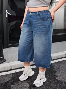 SHEIN EZwear Plus Size Casual Washed Wide Leg 7/10 Length Jeans - Dark Wash - View 4