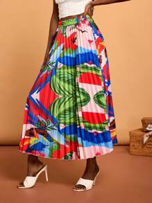 SHAQUITA GARCIA 设计师波西米亚风女式简约热带雨林印花百褶裙，适合休闲度假、春夏、海滩、节日、伊比沙岛 - 彩色 - 查看 4