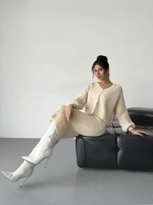 Firerie 2 件女式针织开衫和针织连衣裙套装 - 杏色 - 查看 3