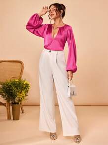 Raimo Rosa Designer Business Casual Hot Pink Satin With Heart Buckle Keyhole Neckline Leisure Long Raglan Sleeves Blouse, Spring & Summer, Festival, Office