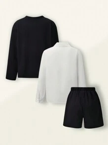 SHEIN 3-Piece Set: Boys Academy Style Collared Shirt, Academy Style Casual Shorts, Embroidered Academy Style Knit Cardigan With Necktie - Navy Blue - View 2