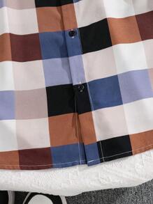 Tween Boy Casual College Color Block Corduroy Lapel Loose Open Front Short Sleeve Woven Shirt, Suitable For School, Garden, Beach, Birthday In Spring, Summer, Autumn, Winter