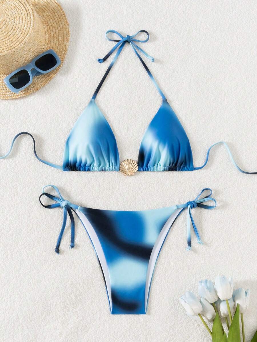 SHEIN Swim Summer Women's Sexy Casual Vacation Necktie Bikini Shell Accessories Pants Side Tie Two-Piece Two-Piece Swimwear Set, Perfect For Beach, Pool Party - Multicolor - View 1