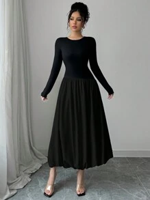 Chiquease Women Solid Color Round Neck Long Sleeve Casual Dress, Autumn