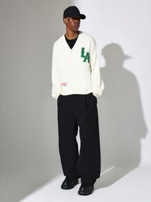 SUMWON Cozy Varsity Letterman Cardigan Sweater Knit Letter Patch Green Embroidery Retro College Preppy Style School Club Fall Winter - Apricot - View 3