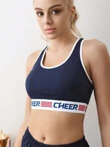 Cheerettes Women's Navy Patchwork School Style Letter Graphic Detail Minimalist Casual Sports Bra For Daily Wear & Training