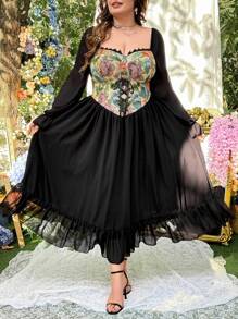 Lyrianda Plus Size Women Fashion Palace Style Puff Sleeve Floral Jacquard Patchwork Dress - Multicolor - View 3