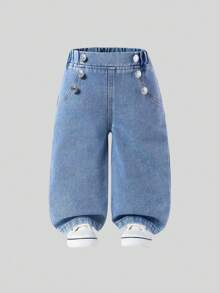 SHEIN Dziewczęce dżinsy Basic Casual Simple Button Fly Wide Leg Straight Comfy Washed Denim Jeans, odpowiednie na codzienne wyjścia