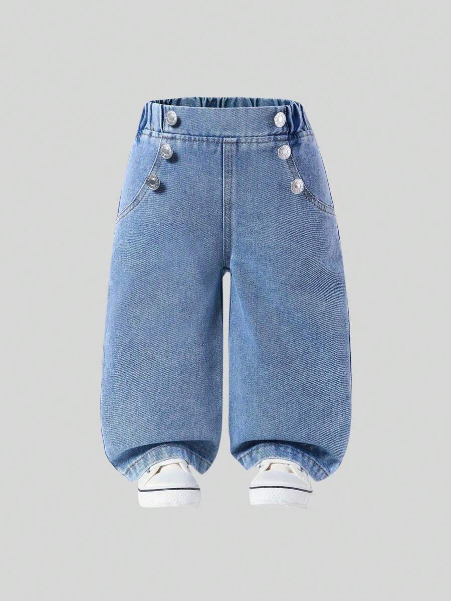 SHEIN Dziewczęce dżinsy Basic Casual Simple Button Fly Wide Leg Straight Comfy Washed Denim Jeans, odpowiednie na codzienne wyjścia