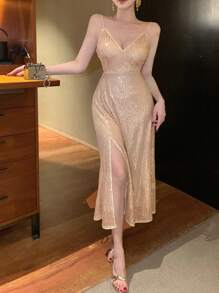 DAZY 女士V领开衩亮片中长吊带裙舞会礼服派对女士吊带裙返校节礼服奢华优雅女士连衣裙新年夜礼服闪亮连衣裙 - 杏色 - 查看 3