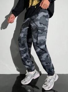 SHEIN 青少年男孩休闲工装迷彩锥形裤，街头潮流朋克摇滚学院日常外出派对音乐节，适合春夏季 - 彩色 - 查看 4