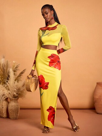 HEAVINZ LANE Designer Boho Bohemian Light Yellow Spring Summer Floral Printed Butter Yellow Mesh Mock Neck Crop Top For Women Summer Tropical Vacation, Going Out, Festival, Ibiza Fits