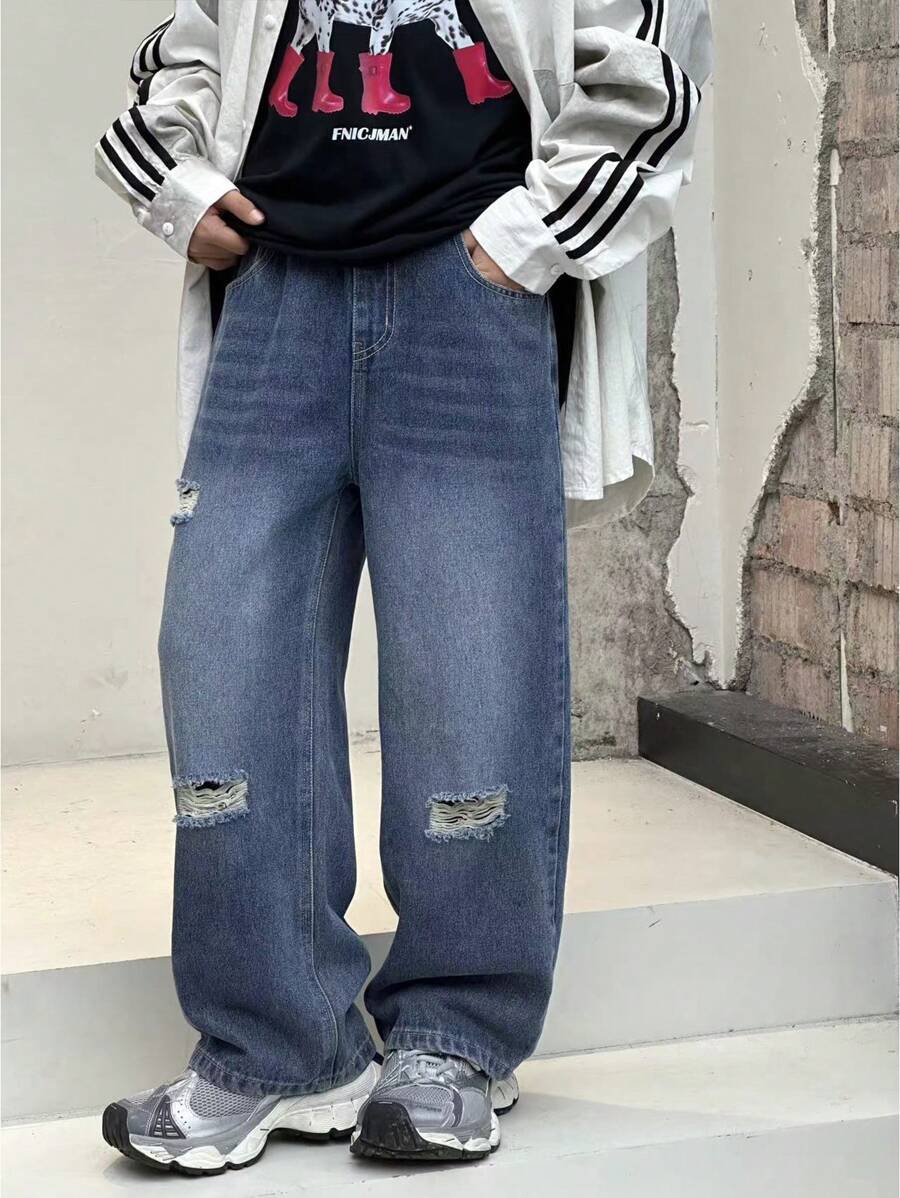 男童口袋简约破洞阔腿裤，休闲日常穿着 - 中等水洗藍 - 查看 1