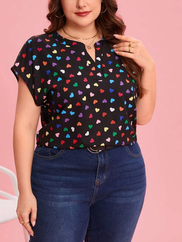 SHEIN Clasi Curvy Plus Size Women's Heart Print V Neck Bat Sleeve Casual Shirt,Valentine's Day,Vacation Outfits Woman,Valentines Clothes,Heart,Lover,Going Out Tops Women,Summer,Cute Tops,Vintage Clothes Women,Office,Shirts Women,Baggy Shirts