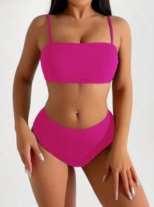 Swim Basics 2025 女士纯色性感比基尼两件套比基尼套装，适合海滩/度假夏季 - 玫紅色 - 查看 3