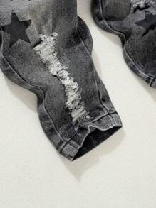 SHEIN Toddler Boys' Versatile Comfortable Washed Soft Street Style Star Printed Elastic Denim Overalls Pants, Suitable For Spring And Autumn