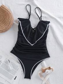 Summer Women's Elegant French Ruffle Trim Bodycon High Waist Ruched One-Piece Swimsuit