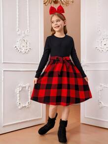 SHEIN Conjunto de 2 piezas para niña preadolescente: Top de manga larga acanalado negro y falda a cuadros rojos con lazo, adecuado para Navidad, Año Nuevo, vuelta al colegio, uso casual - Negro - Ver 4