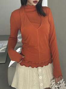 DAZY Women's Knitted Turtleneck Sweater And Deep V-Neck Halter Vest 2 Pieces T-Shirt Set, Rust-Brown, Spring/Summer/Autumn Long Sleeve Women Tops, Fall Women Clothes - Rust Brown - View 3