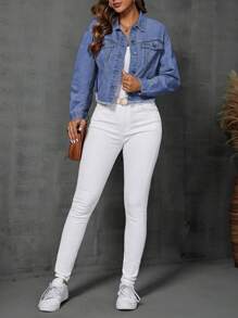 Women's Button Front Long Sleeve Pocket Raw Hem Casual Denim Jacket